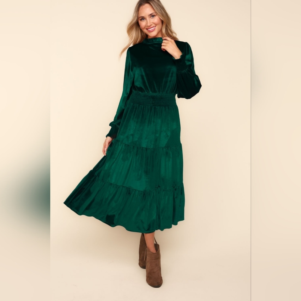 NEW*Haptics Mock Neck Smocked Waist Velvet Tiered Dress OFFERS WELCOME